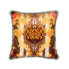 Load image into Gallery viewer, Timorous Beasties Totem Damask Pickled Quince Fringed Cushion
