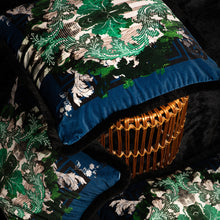 Indlæs billede til gallerivisning Totem Damask Navy &amp; Green Fringed Velvet Cushion on Basket, by Timorous Beasties