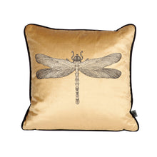 Load image into Gallery viewer, Timorous Beasties Dragonfly Gold Velvet Cushion Front