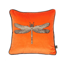 Load image into Gallery viewer, Timorous Beasties Dragonfly Orange Velvet Cushion Front