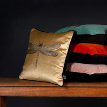 Load image into Gallery viewer, Timorous Beasties Dragonfly Gold Velvet Cushion Side View