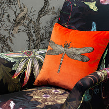 Indlæs billede til gallerivisning Timorous Beasties Dragonfly Orange Velvet Cushion On Chair
