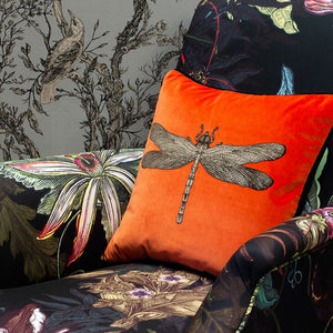 Timorous Beasties Dragonfly Orange Velvet Cushion On Chair