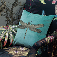 Load image into Gallery viewer, Timorous Beasties Dragonfly Sea Blue Velvet Cushion On Chair