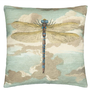 Dragonfly Over Clouds Sky Blue Cushion front, by John Derian for Designers Guild