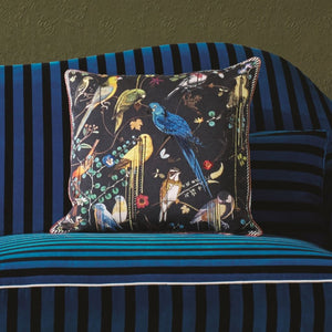 Birds Sinfonia Crepuscule Cushion, by Christian Lacroix on couch