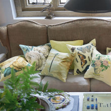 Load image into Gallery viewer, Dragonfly Over Clouds Sky Blue Cushion, by John Derian for Designers Guild on sofa