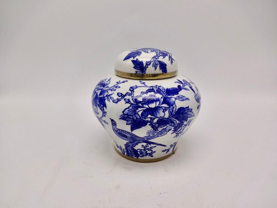 Bird Motif Blue and White Ginger Jar, with Lid