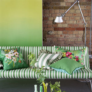 Designers Guild Berkeley Stripe Celadon Cushion on Green Striped Sofa with other Designers Guild Cushions