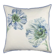 Load image into Gallery viewer, A square decorative throw pillow with a white background, featuring two watercolor-style blue and green flowers and a thin blue border.