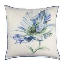Load image into Gallery viewer, A square decorative throw pillow with a blue watercolor poppy flower printed on an off-white linen background, finished with a blue piped edge.