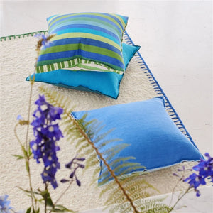 Designers Guild Cork Street Striped Cobalt Cushion on Area Rug
