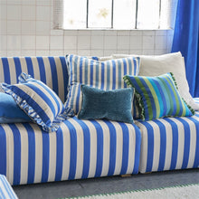 Load image into Gallery viewer, Designers Guild Cork Street Striped Cobalt Cushion on Striped Sofa
