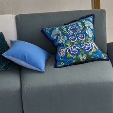 Indlæs billede til gallerivisning Eleonora Embroidered Cobalt Cushion, by Designers Guild on sofa
