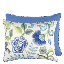 Load image into Gallery viewer, Designers Guild floral embroidered pillow with blue and green design on a white background
