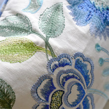 Load image into Gallery viewer, Close-up of embroidered floral patterns on fabric with blue, green, and white colors.