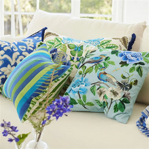 Miraflores Cobalt Cotton Cushion Front on Sofa