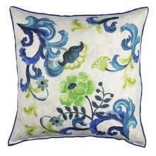 Load image into Gallery viewer, Cushion with florals and scrolls in blues and greens on white background