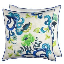 Load image into Gallery viewer, Designers Guild throw cushion in blues and green florals and scrolls on white background.