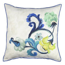 Load image into Gallery viewer, Blue and green scrolls and florals on white background throw cushion