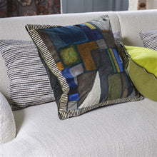 Indlæs billede til gallerivisning Designers Guild Raku Patchwork Chocolate Velour Cushion on White Sofa