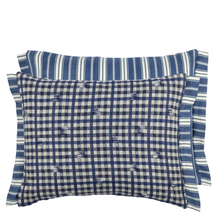 Load image into Gallery viewer, Designers Guild Small Rectangular Cushion in indigo and white with checkered and stripped pattern