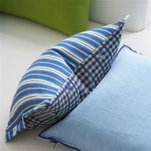 Load image into Gallery viewer, Blue and white striped pillow on a light-colored surface