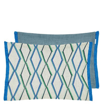 Indlæs billede til gallerivisning Geometric cobalt, Indigo and Emerald pattern cushion on natural background