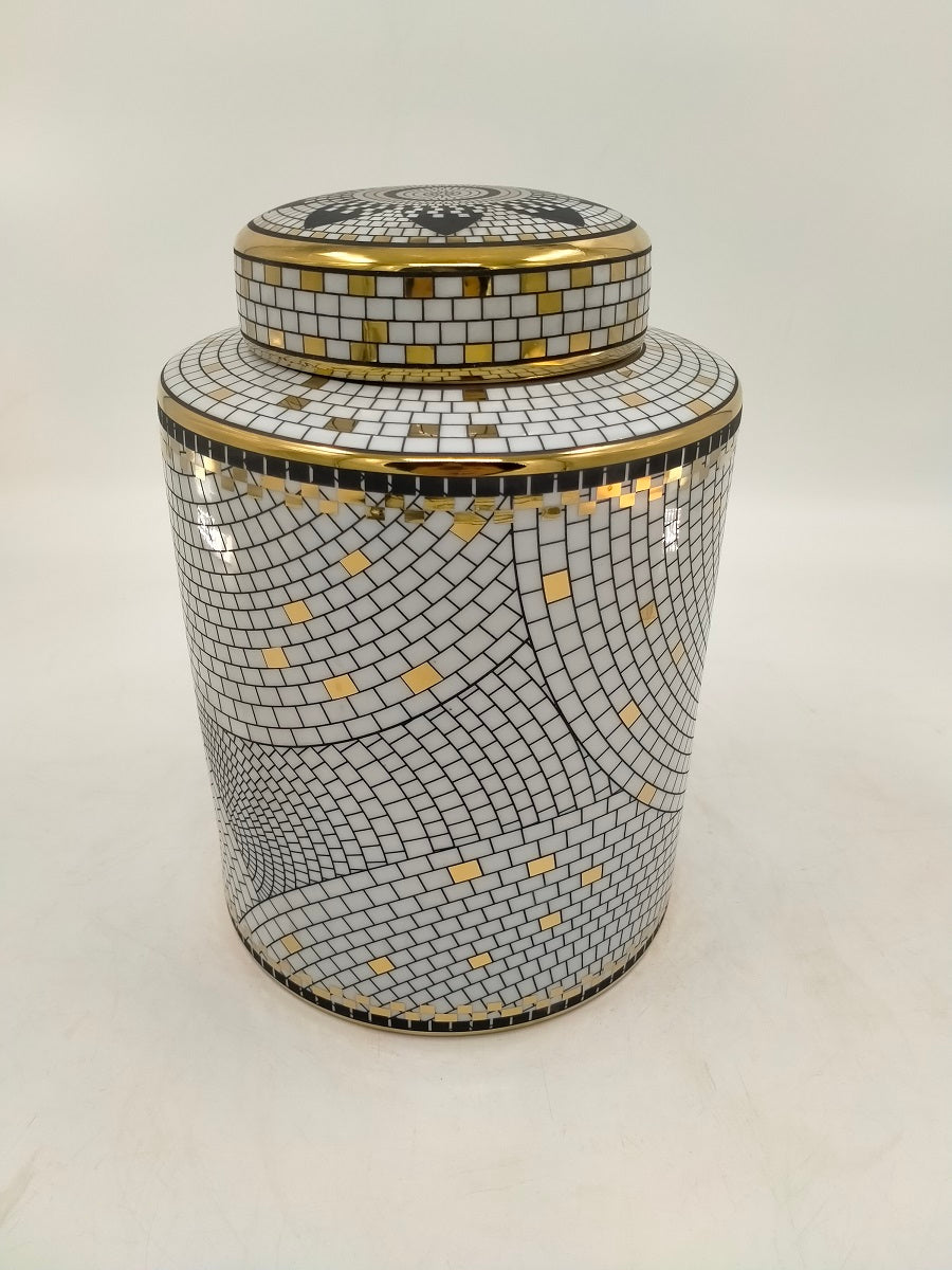 Dubai White & Gold Ceramic Patterned Ginger Jar, with Lid, 27.5 cm high