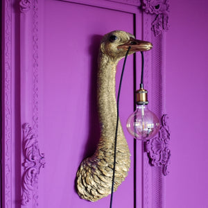 gold ostrich wall lamp on purple wall