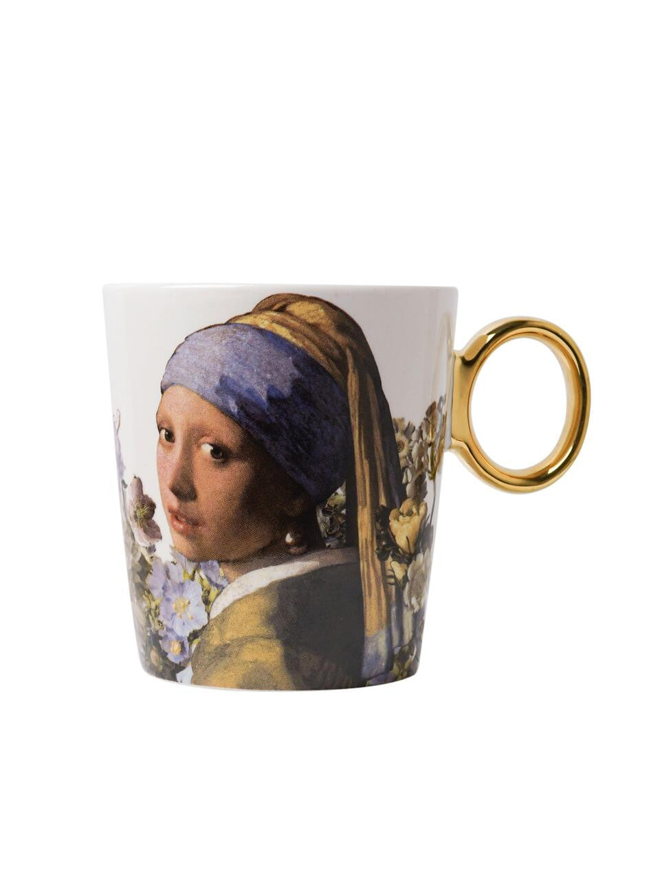 Girl with a Pearl Earring Pastel Mug, with Gold Handle image adapted from Vermeer