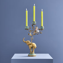 Load image into Gallery viewer, Gold elephant candle holder with three yellow candles