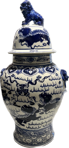 White and Blue Porcelain Jar with Asian Dragon Lid