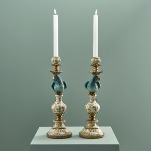 Parrot Candle Holder, Turquoise with white candles