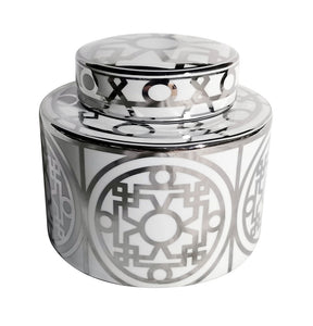 Roma White & Silver Ceramic Ginger Jar, with Lid, 20 cm high