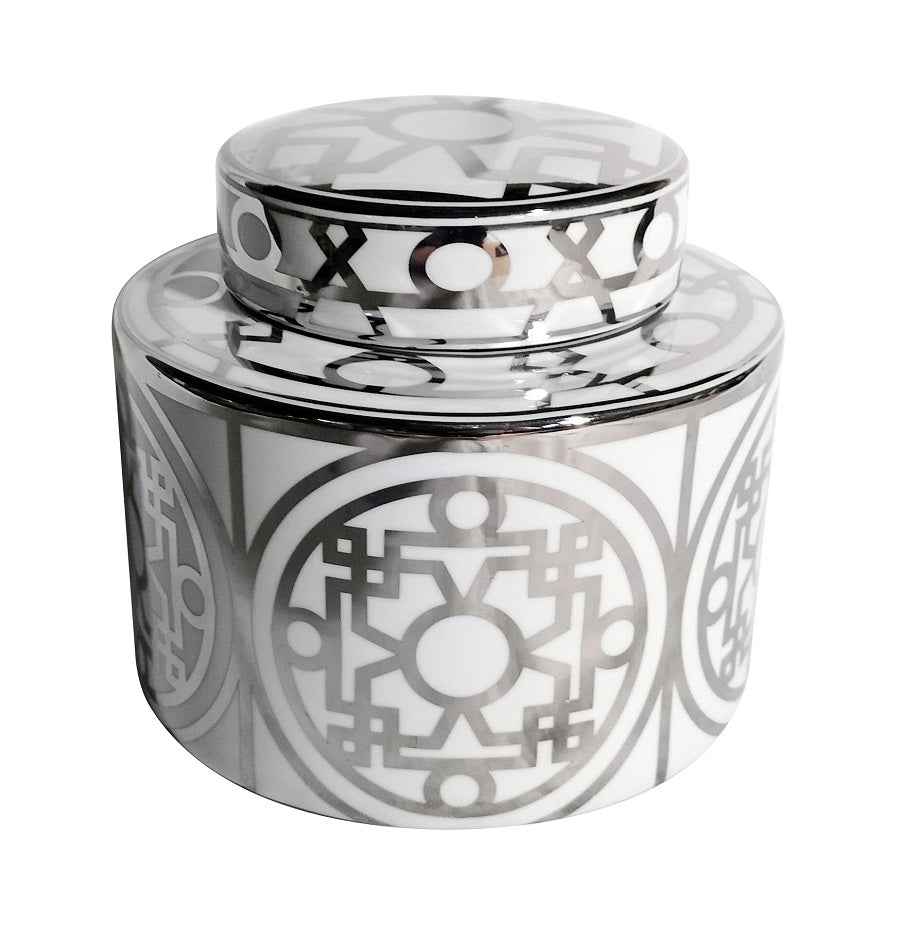 Roma White & Silver Ceramic Ginger Jar, with Lid, 20 cm high