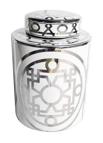 Roma White & Silver Ceramic Ginger Jar, with Lid, 27.5 cm high