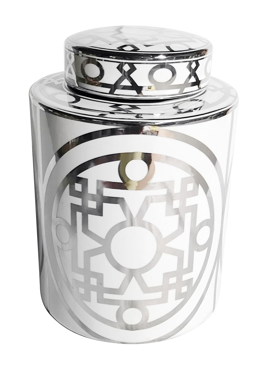 Roma White & Silver Ceramic Ginger Jar, with Lid, 27.5 cm high
