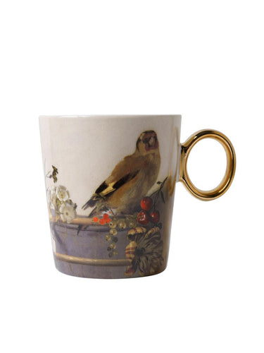 The Goldfinch Pastel Mug, with Gold Handle original image from Carel Fabritius