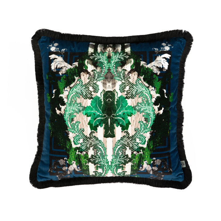 Totem Damask Navy & Green Fringed Velvet Cushion Front, by Timorous Beasties