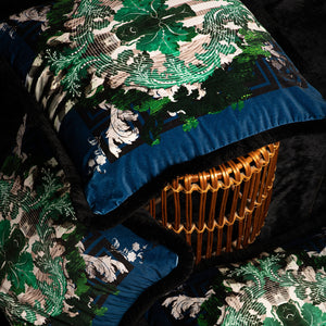 Totem Damask Navy & Green Fringed Velvet Cushion on Basket, by Timorous Beasties