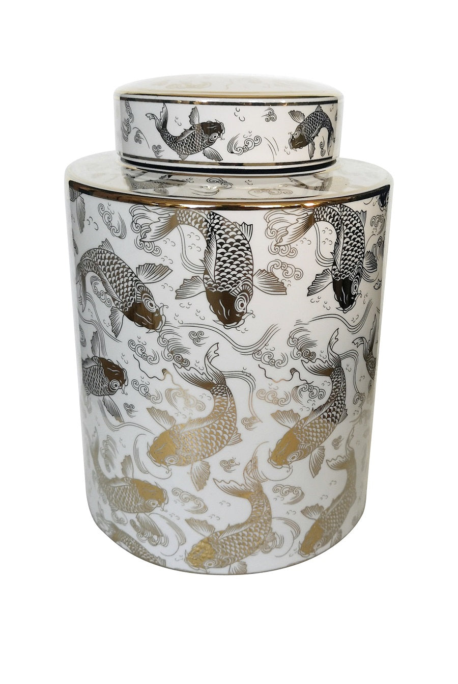 White & Gold Fish Ceramic Ginger Jar, with Lid, 27.5 cm high