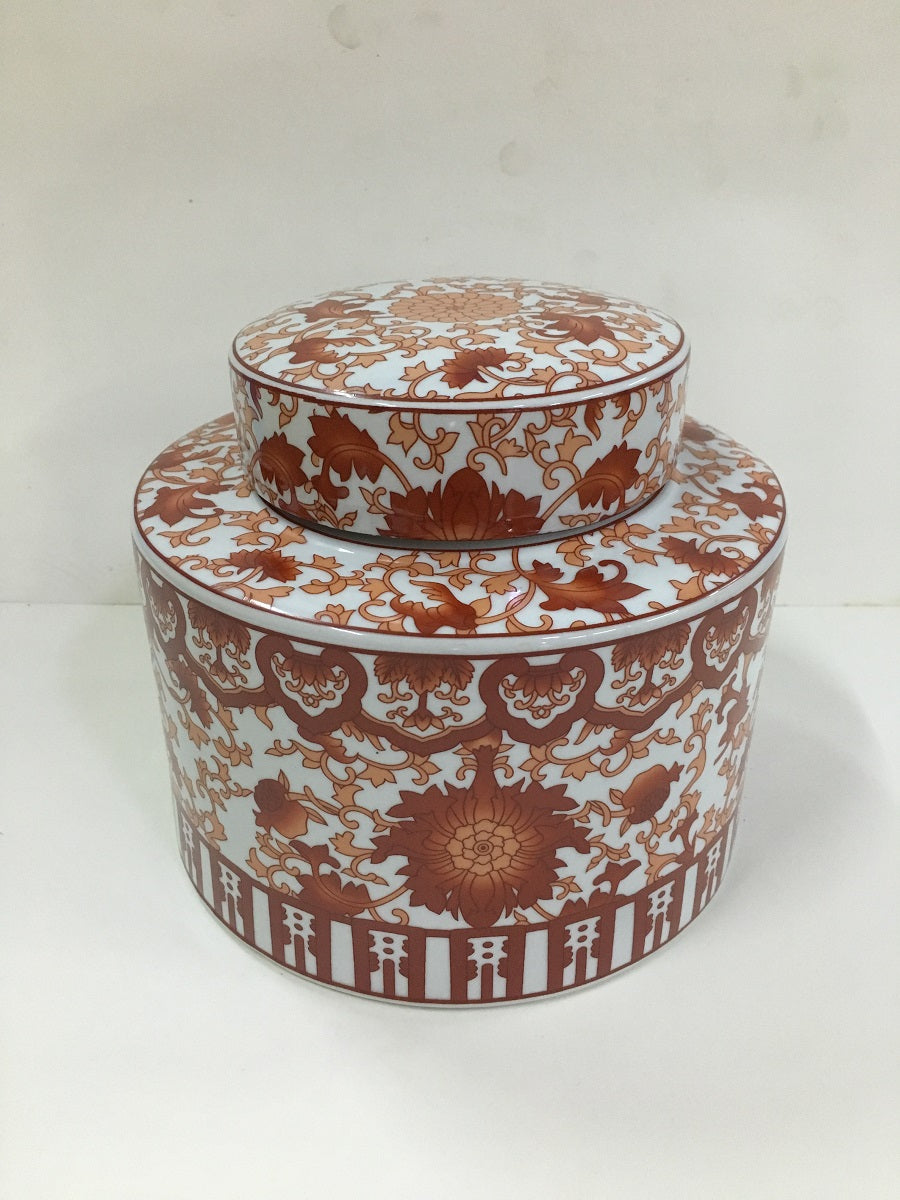 White and Coral Floral Ceramic Ginger Jar, with Lid, 20 cm High
