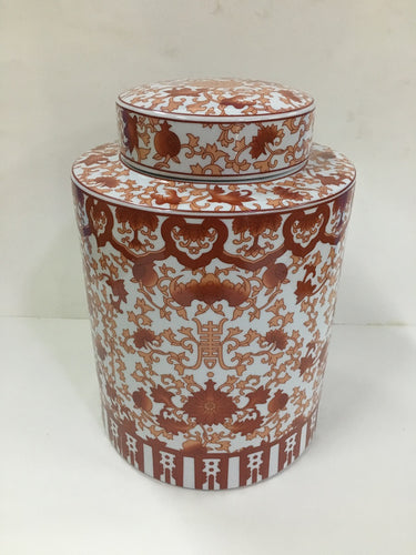 White and Coral Floral Ceramic Ginger Jar, with Lid, 27.5 cm High