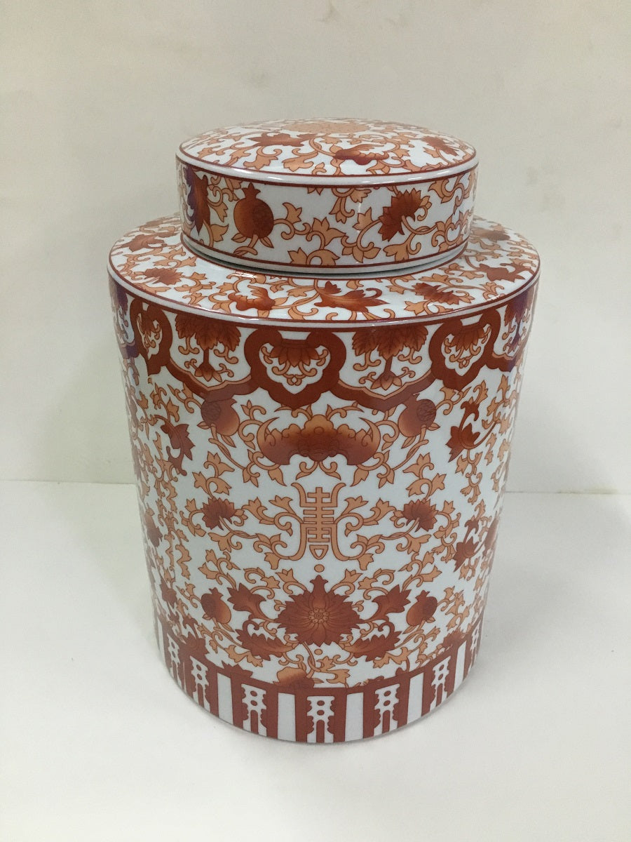 White and Coral Floral Ceramic Ginger Jar, with Lid, 27.5 cm High