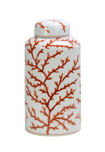 White and Orange Coral Ceramic Ginger Jar