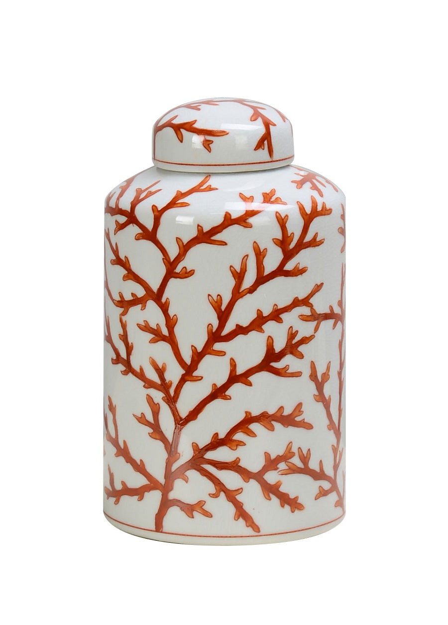 White and Orange Coral Ceramic Ginger Jar, with Lid