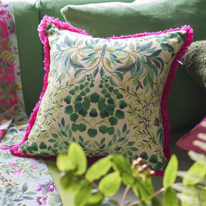Designers Guild Ikebana Damask Fuchsia Embroidered Cushion Reverse on Sofa