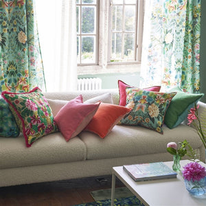 Designers Guild Ikebana Damask Fuchsia Embroidered Cushion on Sofa