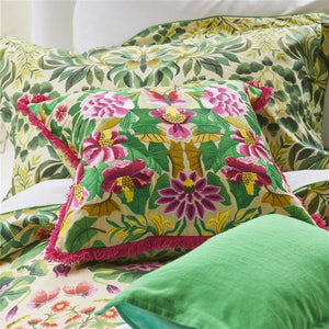 Designers Guild Ikebana Damask Fuchsia Embroidered Cushion on Bed